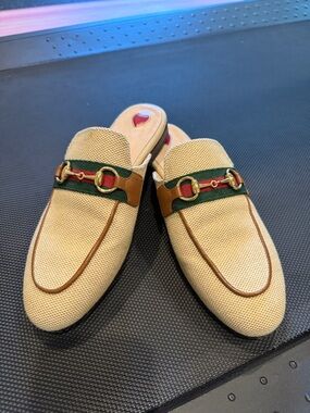 Women’s Beige Slip-On Loafers with Green & Red Web Accent